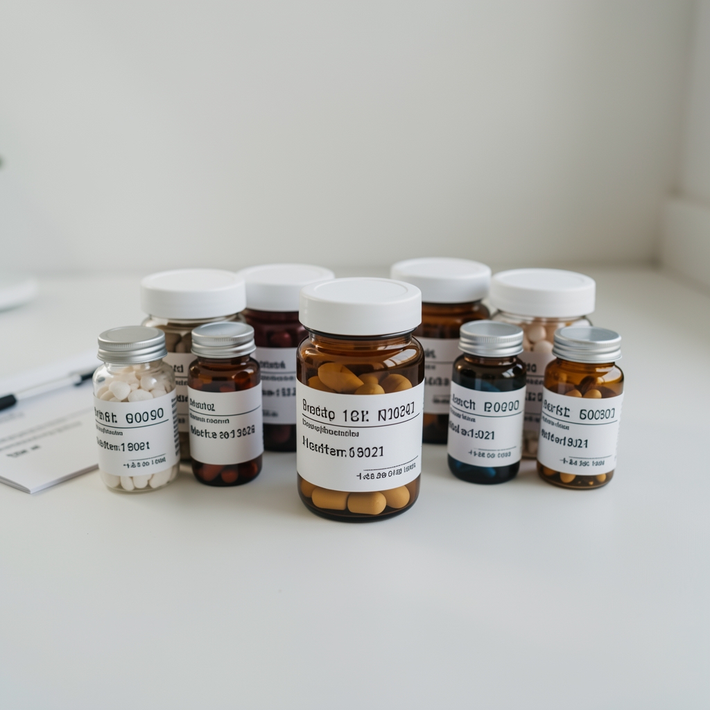 Supplement ingredient samples in labelled containers arranged on a clean surface for quality assessment with visible batch code tags and sourcing documentation