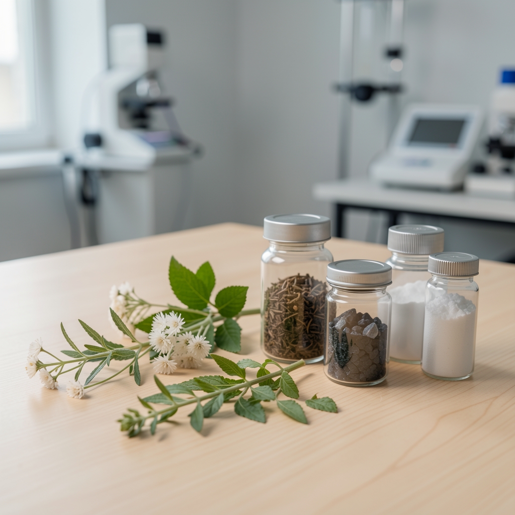 Close-up of botanical specimens and mineral compound vials arranged on a clean wooden surface under studio lighting in a quality-control environment