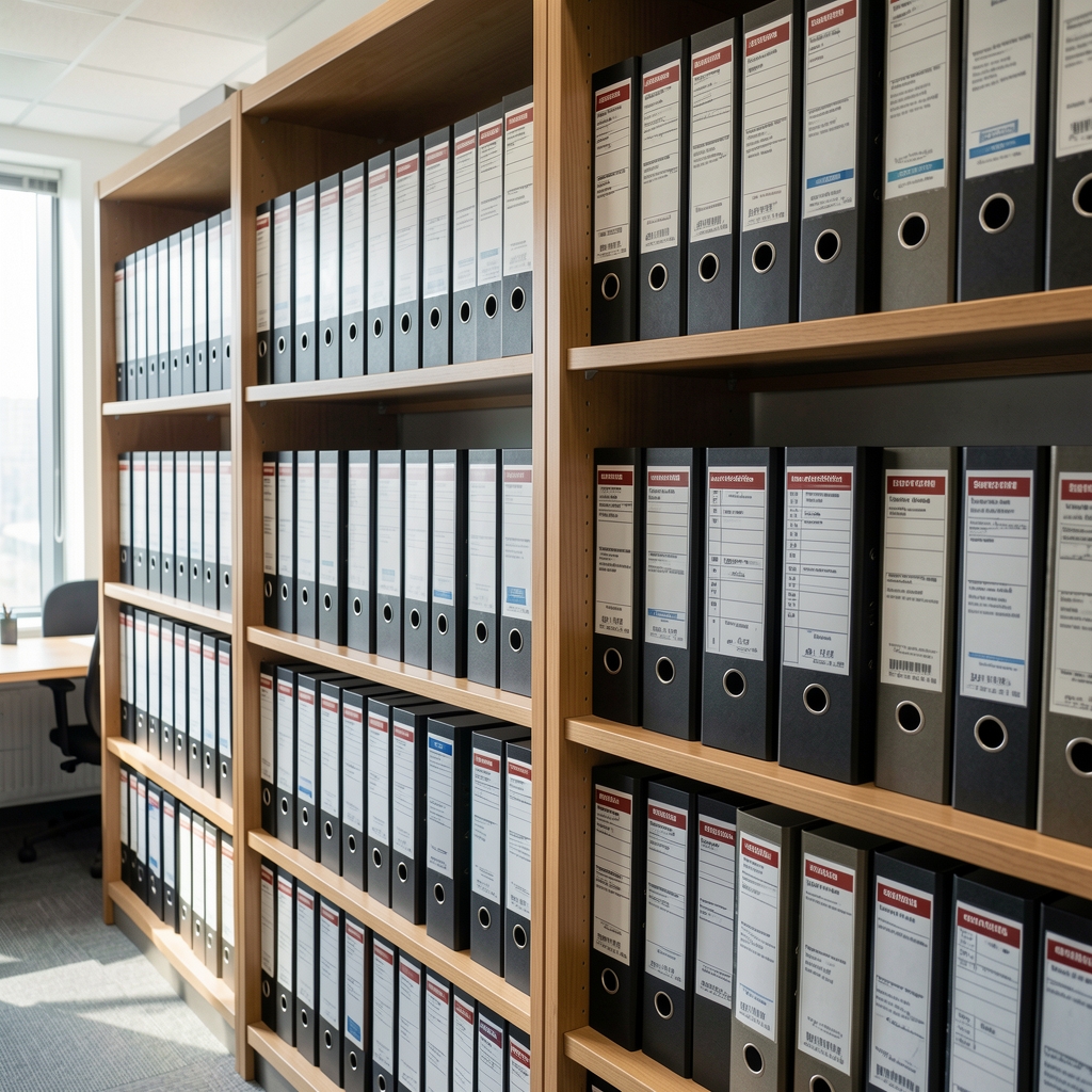 Rows of supplement batch documentation folders and certificate binders neatly stored on wooden archive shelving in a clean editorial office