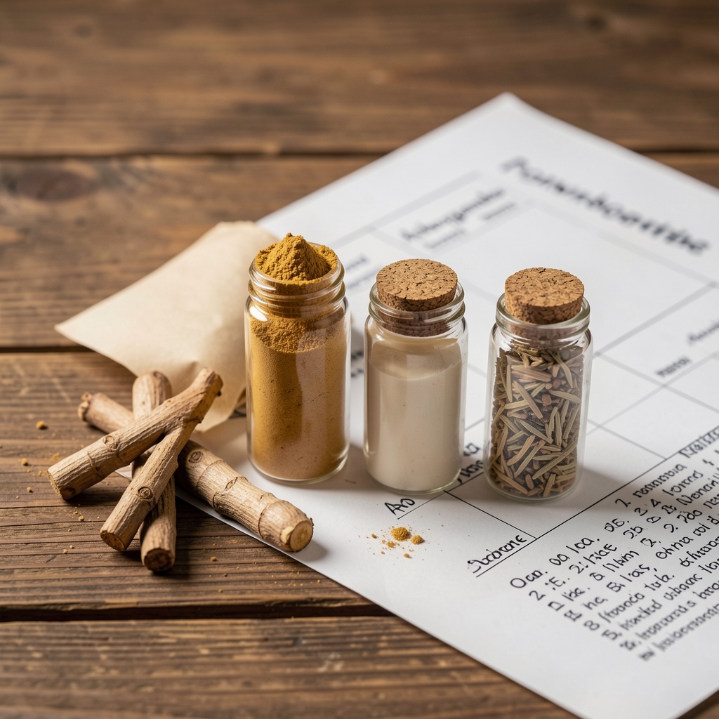 Ashwagandha root powder and rhodiola extract vials on a wooden surface with sourcing documentation notes visible
