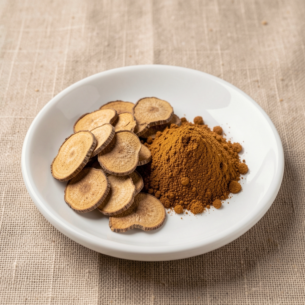 Rhodiola rosea dried root slices and extract powder arranged on a white ceramic dish against a natural linen background in clean studio lighting