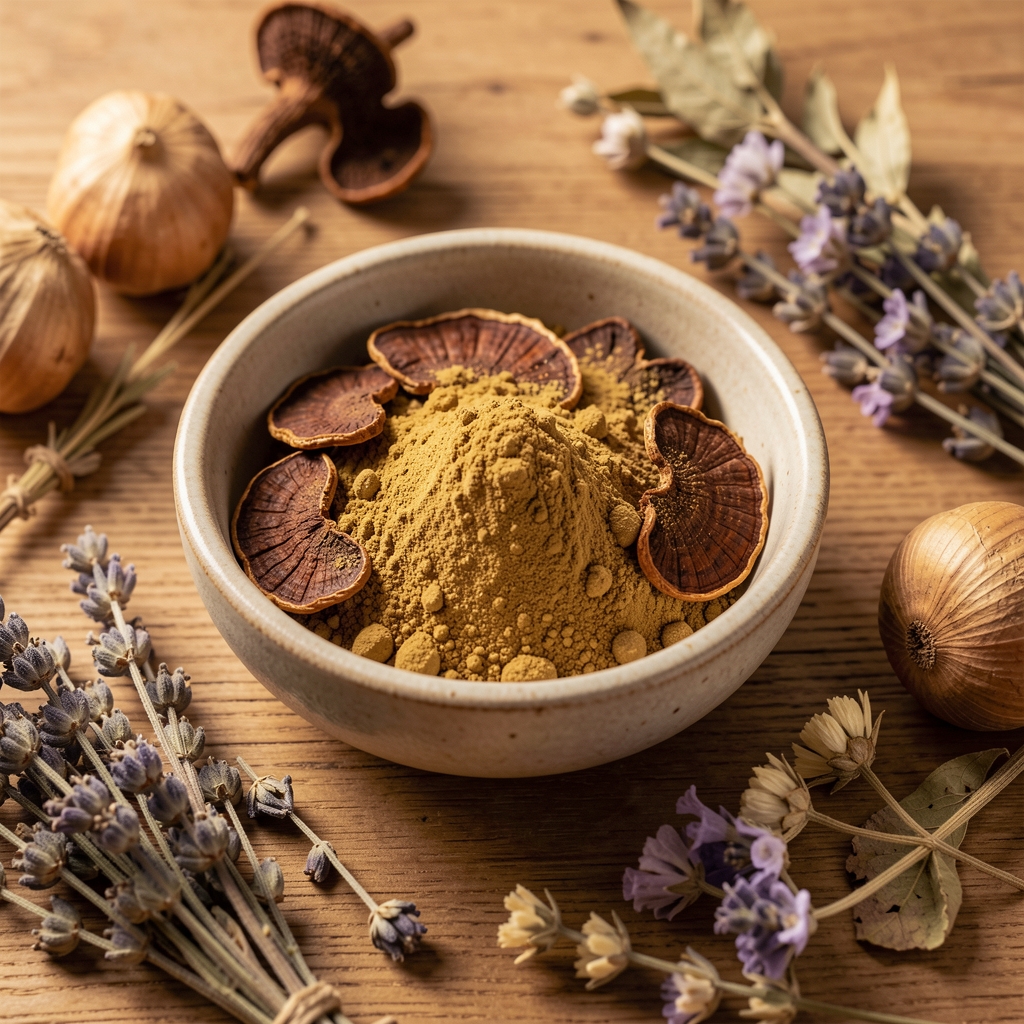 Reishi mushroom dried slices and ground powder in a small ceramic bowl on a natural wood surface surrounded by dried botanical herbs