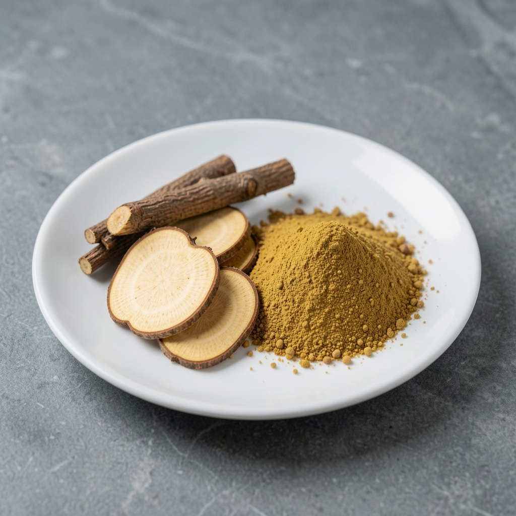 Panax ginseng root slices and standardised extract granules displayed on a white porcelain plate against a minimal grey stone background