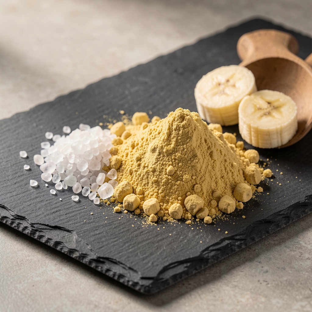 Electrolyte mineral blend ingredients including sea salt crystals and potassium-rich banana powder arranged on a slate tile with clean natural styling